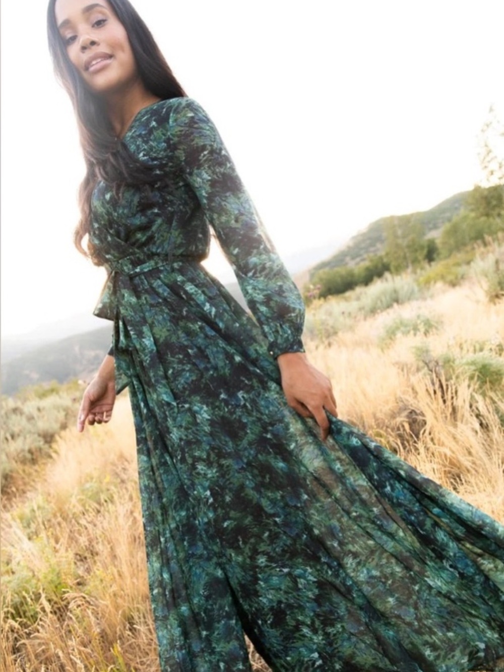 Ivy City Co Green Floral Long Sleeve Maxi Dress Size S Romantic Cottagecore